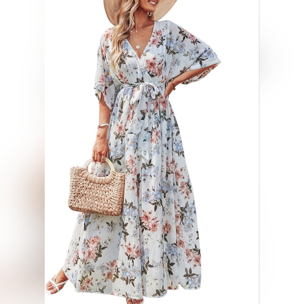 Pink and White Ruffled Smocked Maxi Sundress